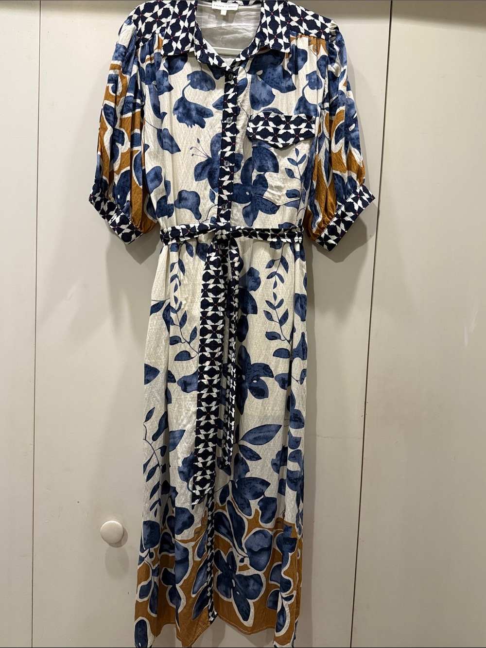 Blue Floral Midi Shirt Dress with Tie Waist